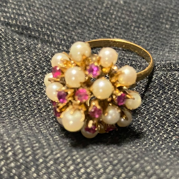 Size 5/6. Antique 18K yellow gold ring with real pearls & pink sapphires. Rare - Picture 2 of 6